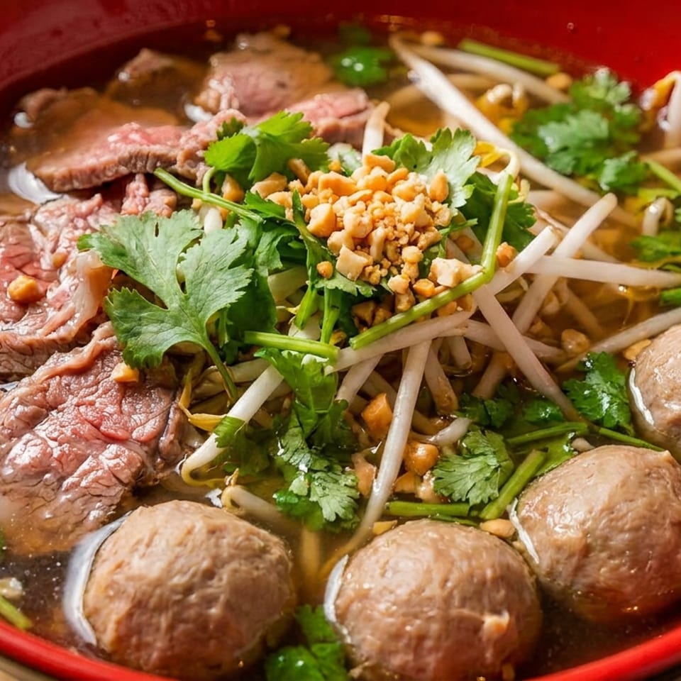 Vietnamese beef noodle soup topped with sliced rare beef, meatballs, bean sprouts, cilantro, and crushed peanuts in a red bowl.