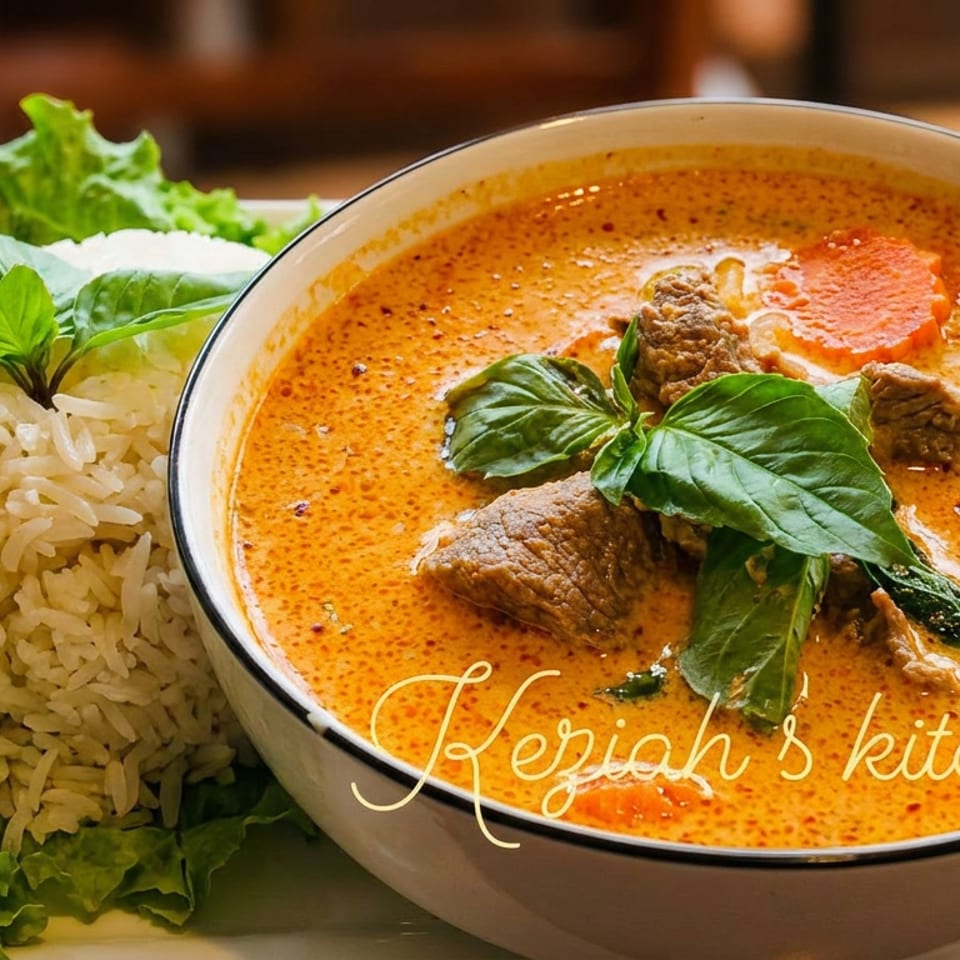 Bowl of creamy red curry with beef, basil, and vegetables beside molded rice on lettuce leaves.
