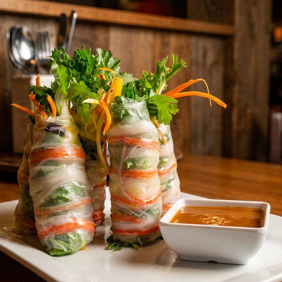 Fresh Vietnamese-style spring rolls filled with vegetables and herbs, served with dipping sauce on a white plate.