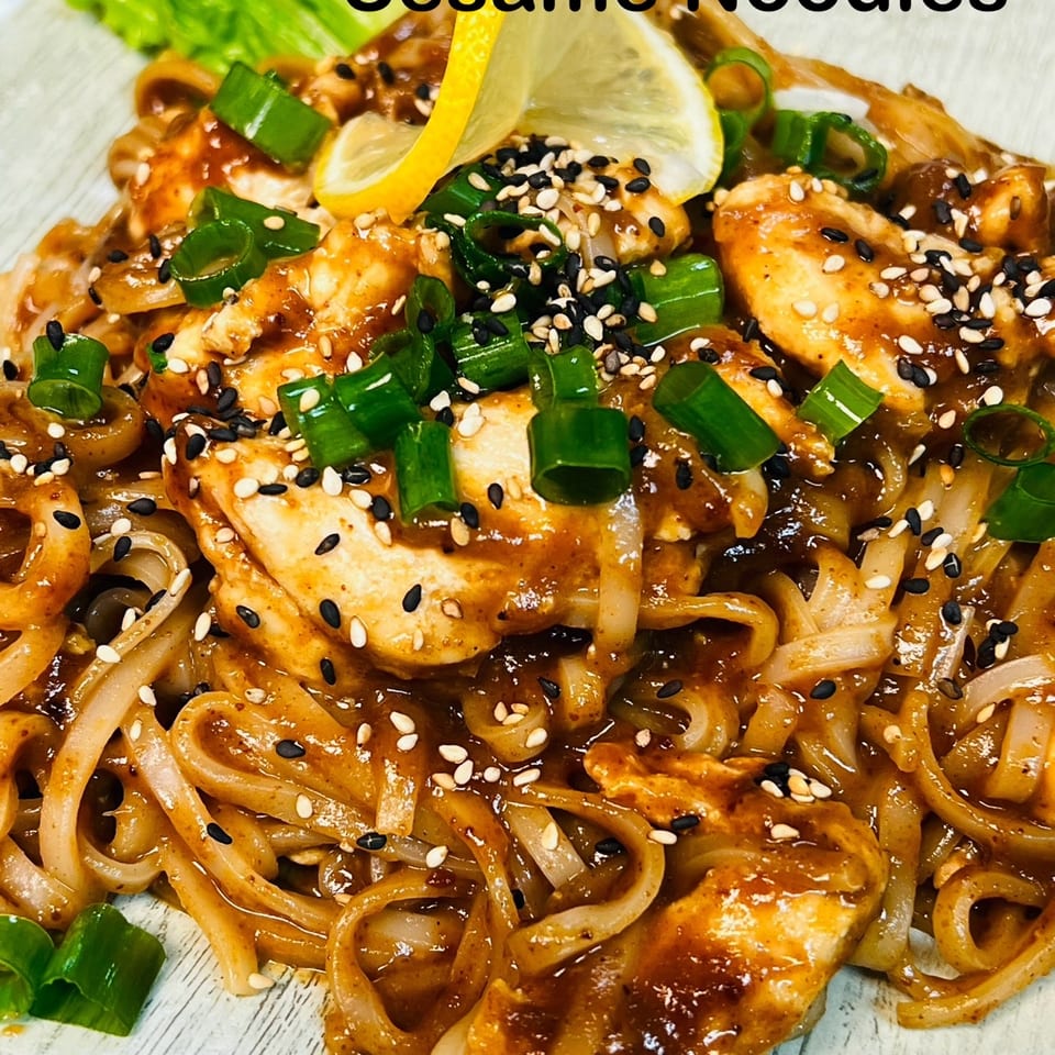 Sesame noodles with sliced chicken, scallions, and toasted sesame seeds.
