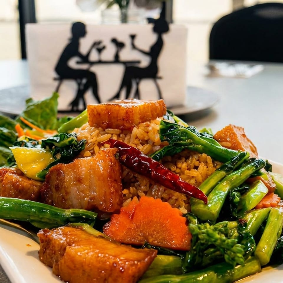 Colorful Asian-style stir-fry with fried rice, glazed meat, vegetables, chili, and pineapple served on a rectangular plate.