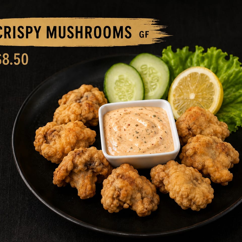 Crispy fried mushrooms with a creamy dipping sauce, cucumber, lemon, and lettuce.