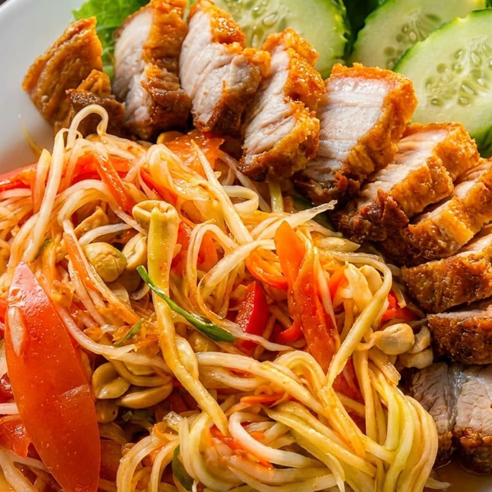 Plate of crispy sliced pork with noodles, bean sprouts, tomatoes, cucumber, lettuce, and peanuts.