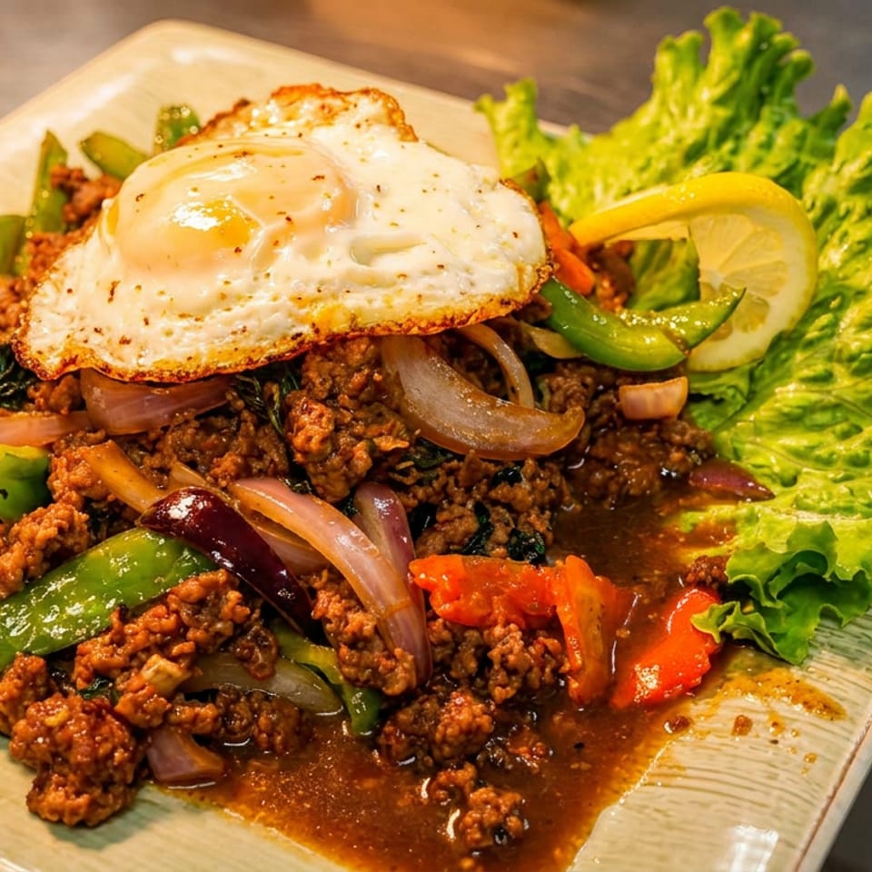 Spicy minced meat stir-fry with peppers and onions, topped with a fried egg and served with lettuce and lemon.