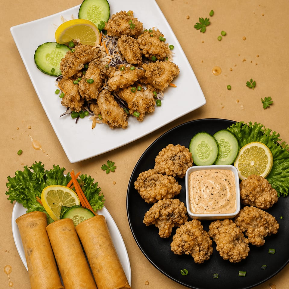 Golden crispy fried calamari on a white plate with lemon, cucumber, and green onion.
